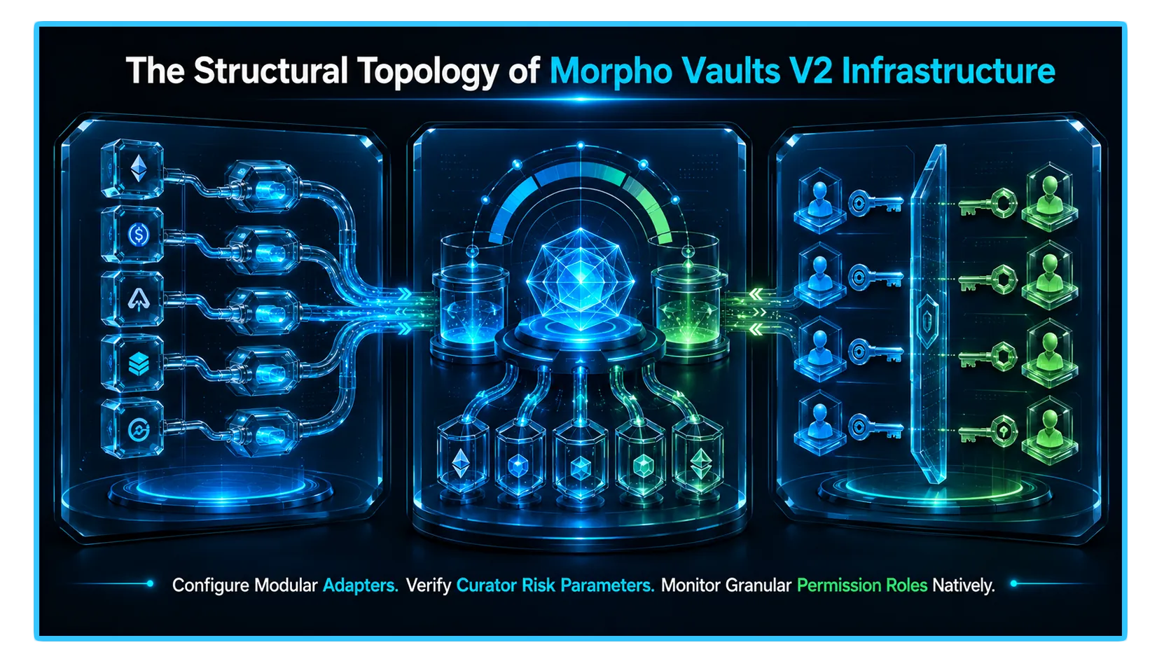 Morpho Vaults V2 overview image illustrating adapters, curators, and roles in decentralized lending.