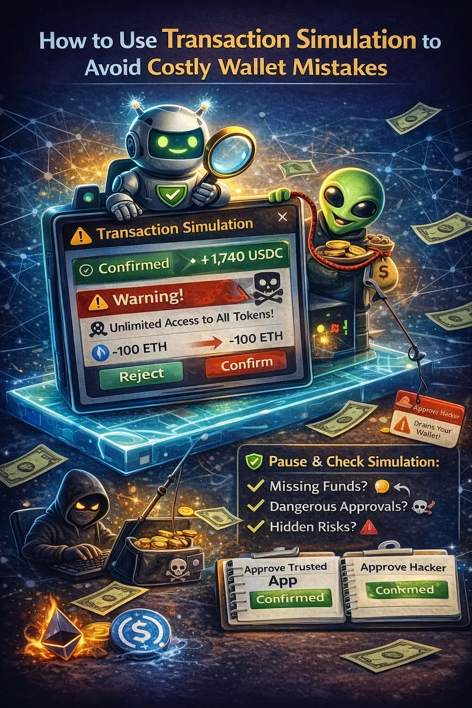 Illustration der Transaktionssimulation in Krypto, die Wallet-Fehler und kostensparende Strategien für Benutzer hervorhebt.