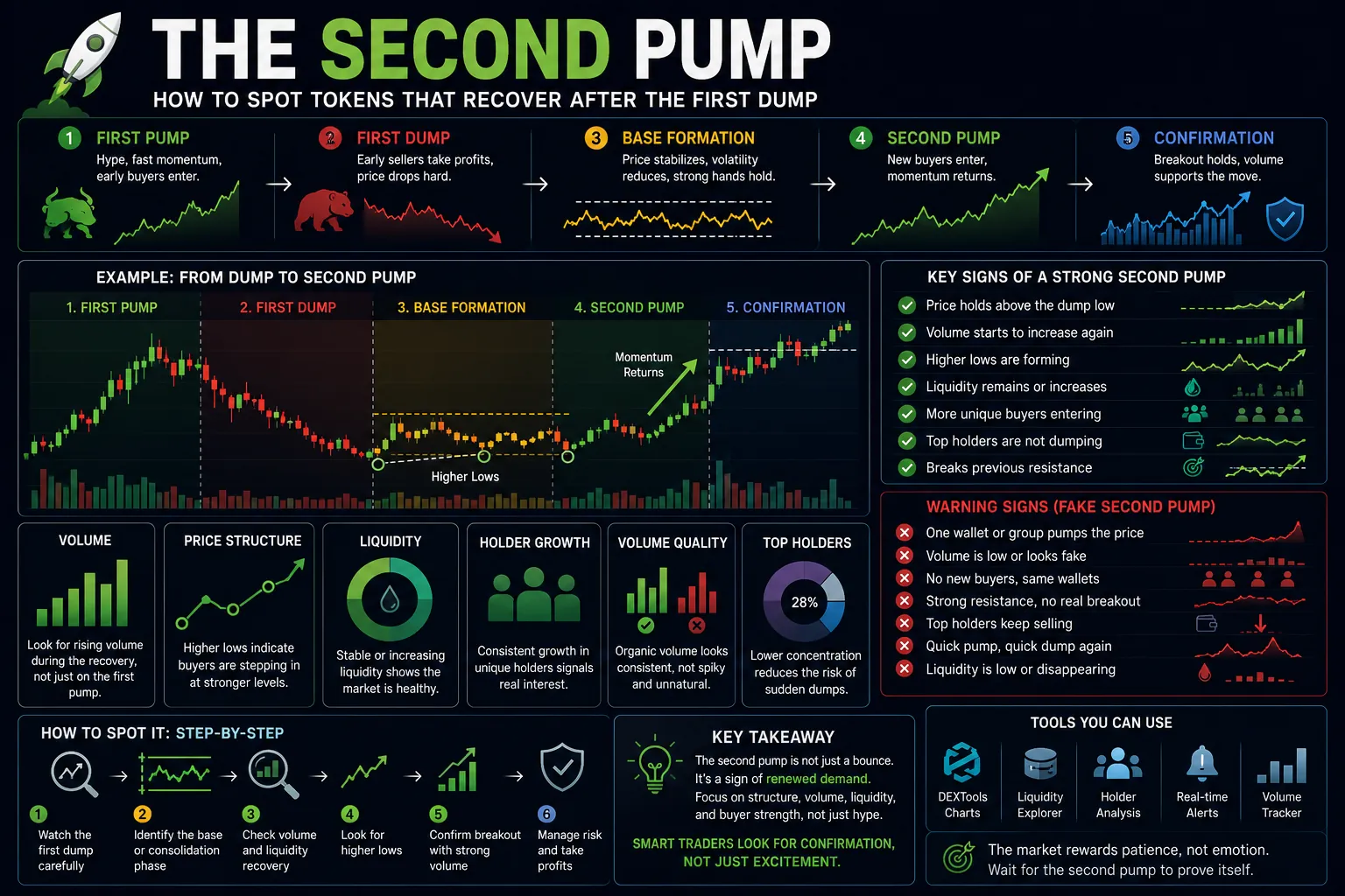 Chart showing cryptocurrency price movements, highlighting the first and second pump phases for token recovery analysis.