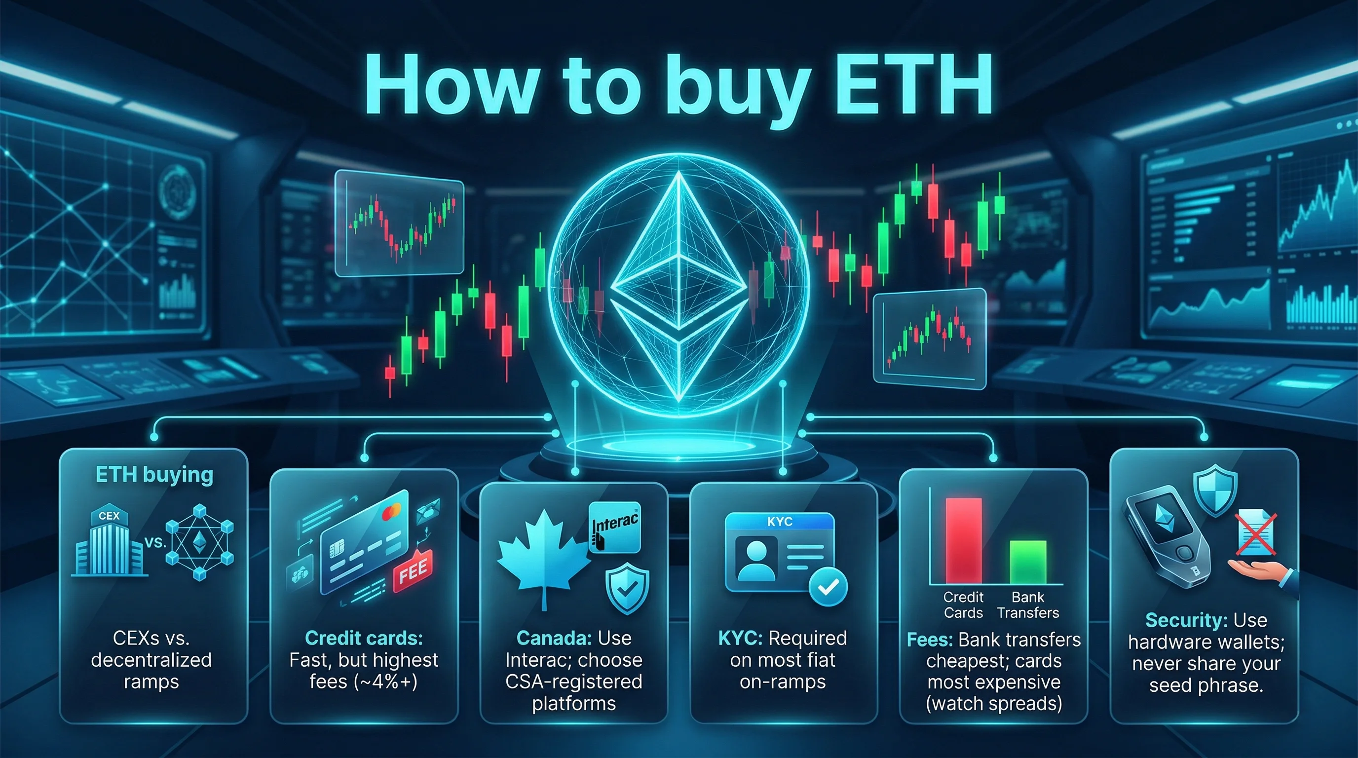2026年にイーサリアム(ETH)を購入するためのインフォグラフィック、主要なプラットフォームと投資家向けのヒントを強調しています。