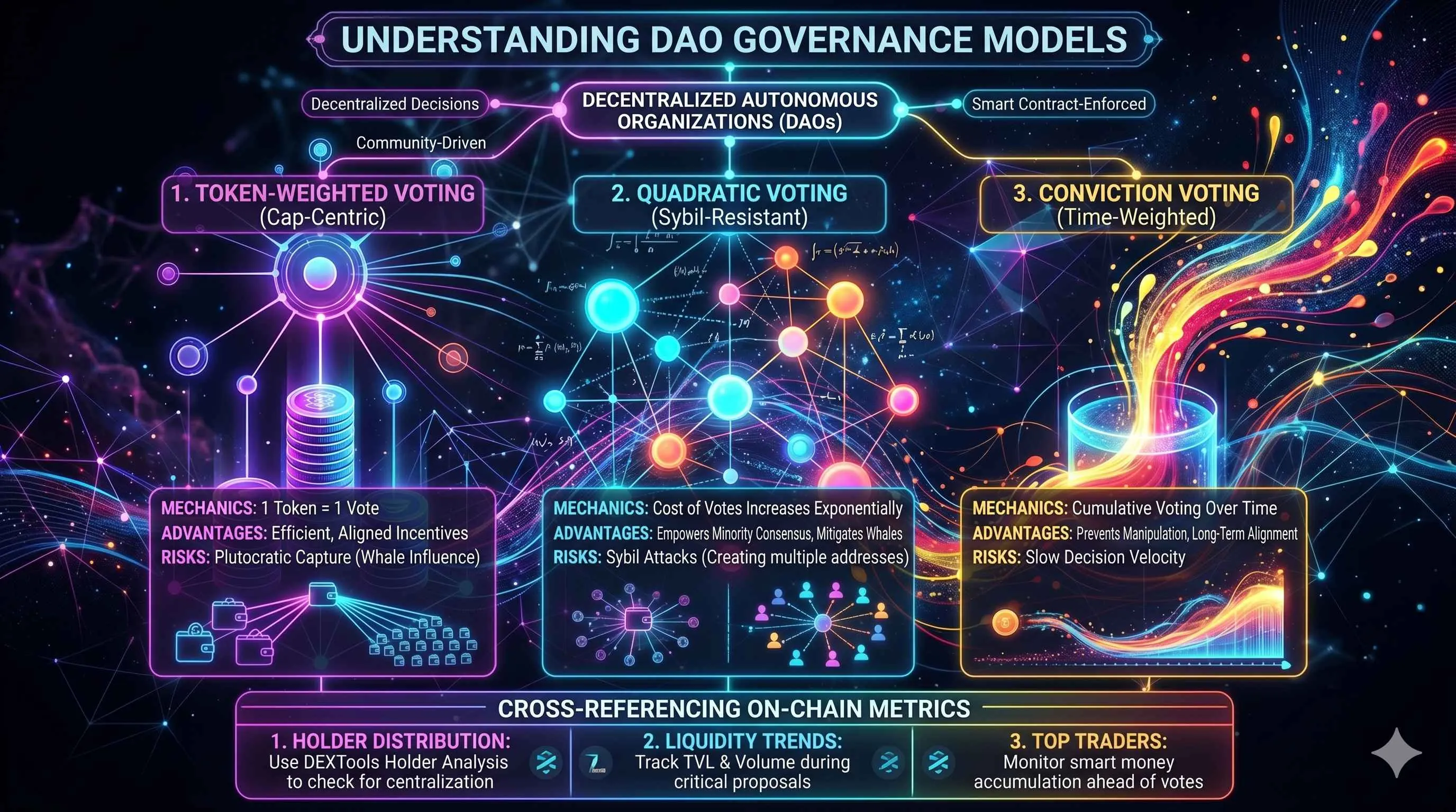 Illustration of DAO governance models including token, quadratic, and conviction voting concepts in decentralized finance.