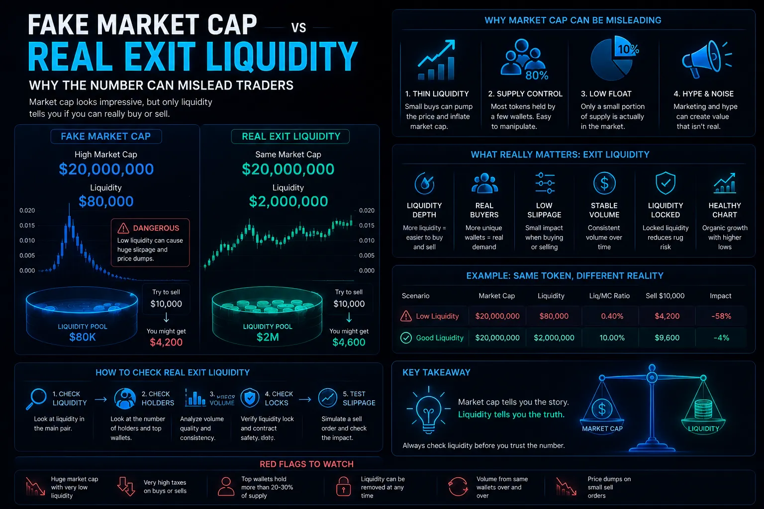 Illustration comparing fake market cap and real exit liquidity in cryptocurrency trading, highlighting misleading metrics for traders.