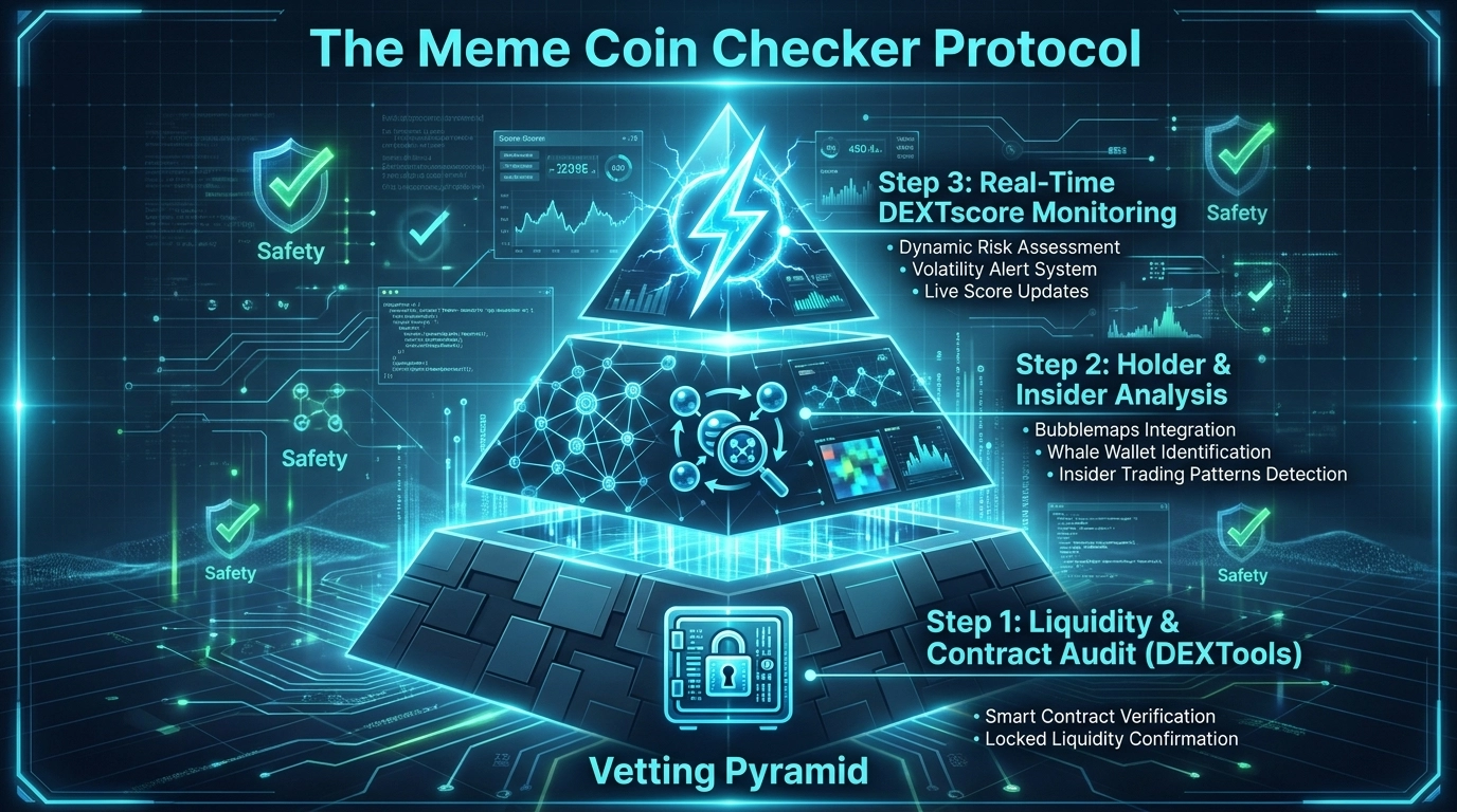 Meme Coin Checker interface displaying vetting tools for contracts and risk flags in cryptocurrency trading.