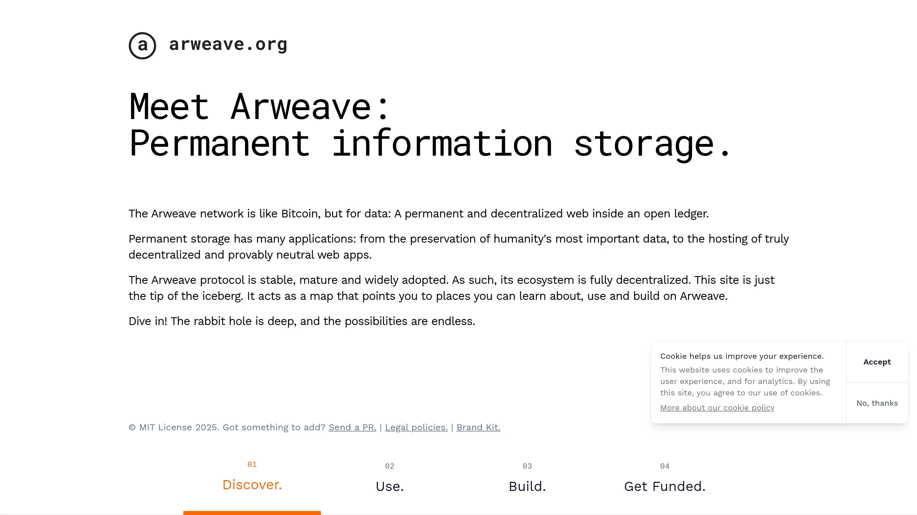 Arweave homepage showing permanent storage, data persistence and permaweb infrastructure.