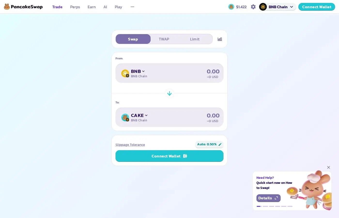 PancakeSwap-Börsenoberfläche zeigt den Token-Swap-Bildschirm mit BNB Chain-Verbindung