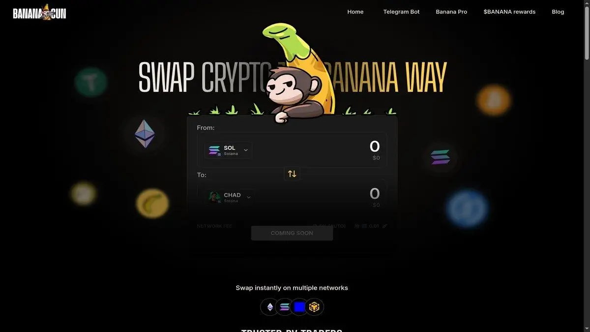 Captura de pantalla del sitio web real de Banana Gun para traders de bots de Telegram de Ethereum