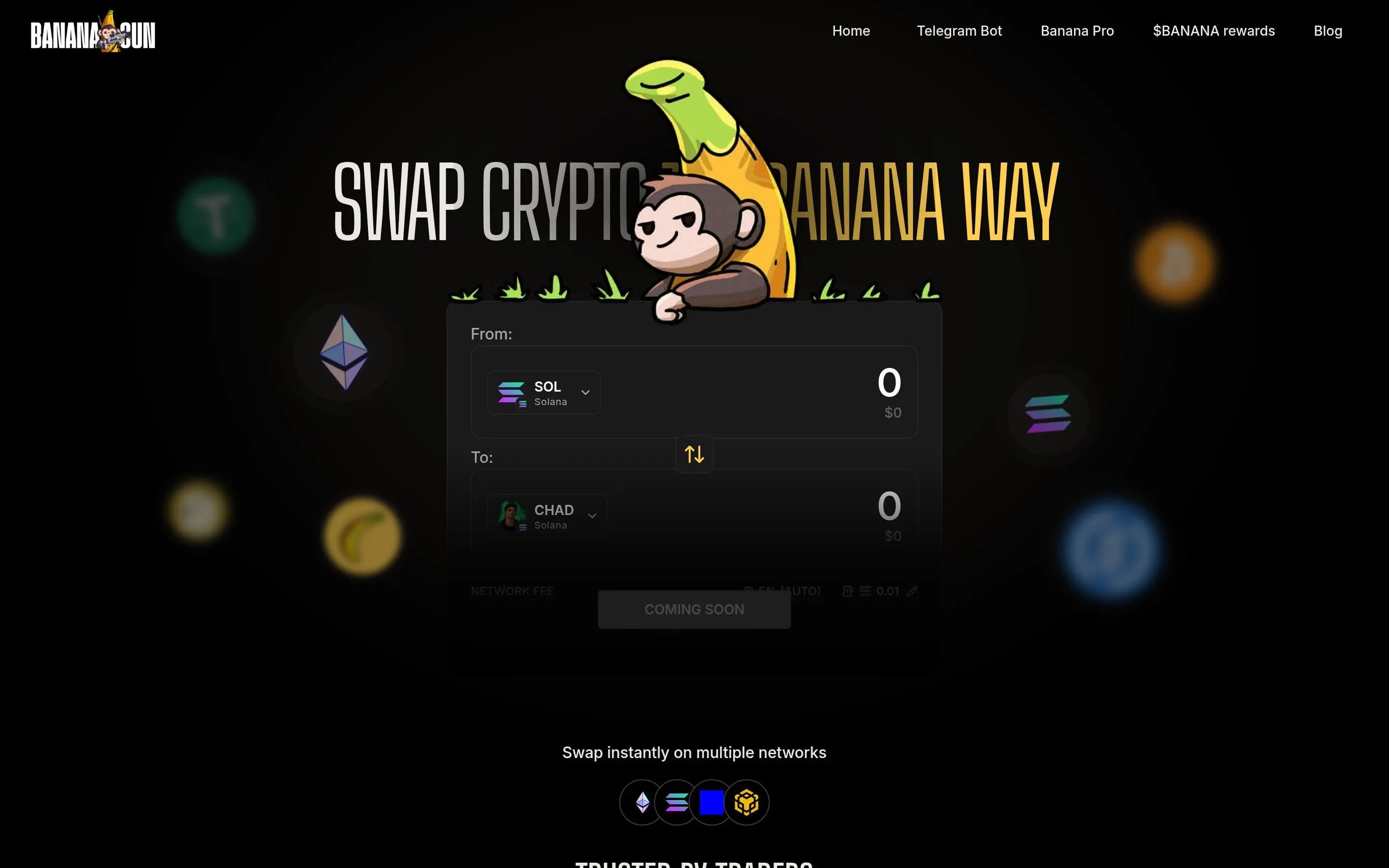 Page d'accueil de Banana Gun montrant les fonctionnalités du bot de trading