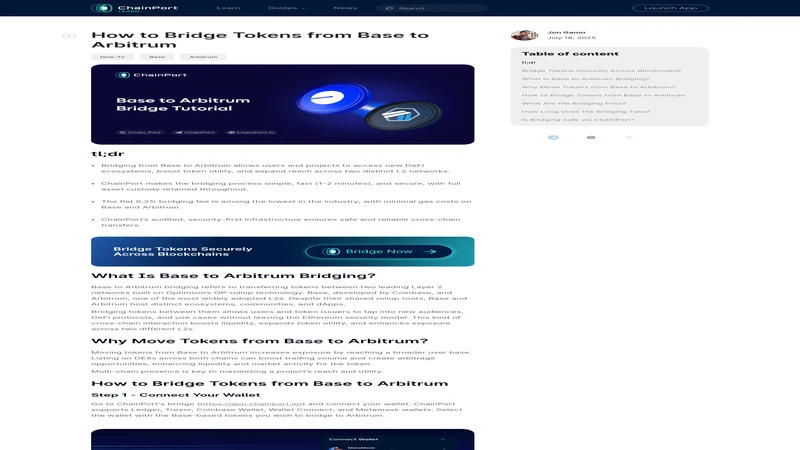 ChainPort guide showing a Base to Arbitrum bridge article for cross-chain transfers