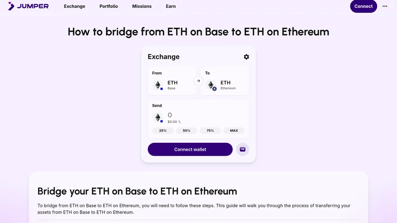Jumper-Route zeigt ETH, die von Base nach Ethereum bewegt wird