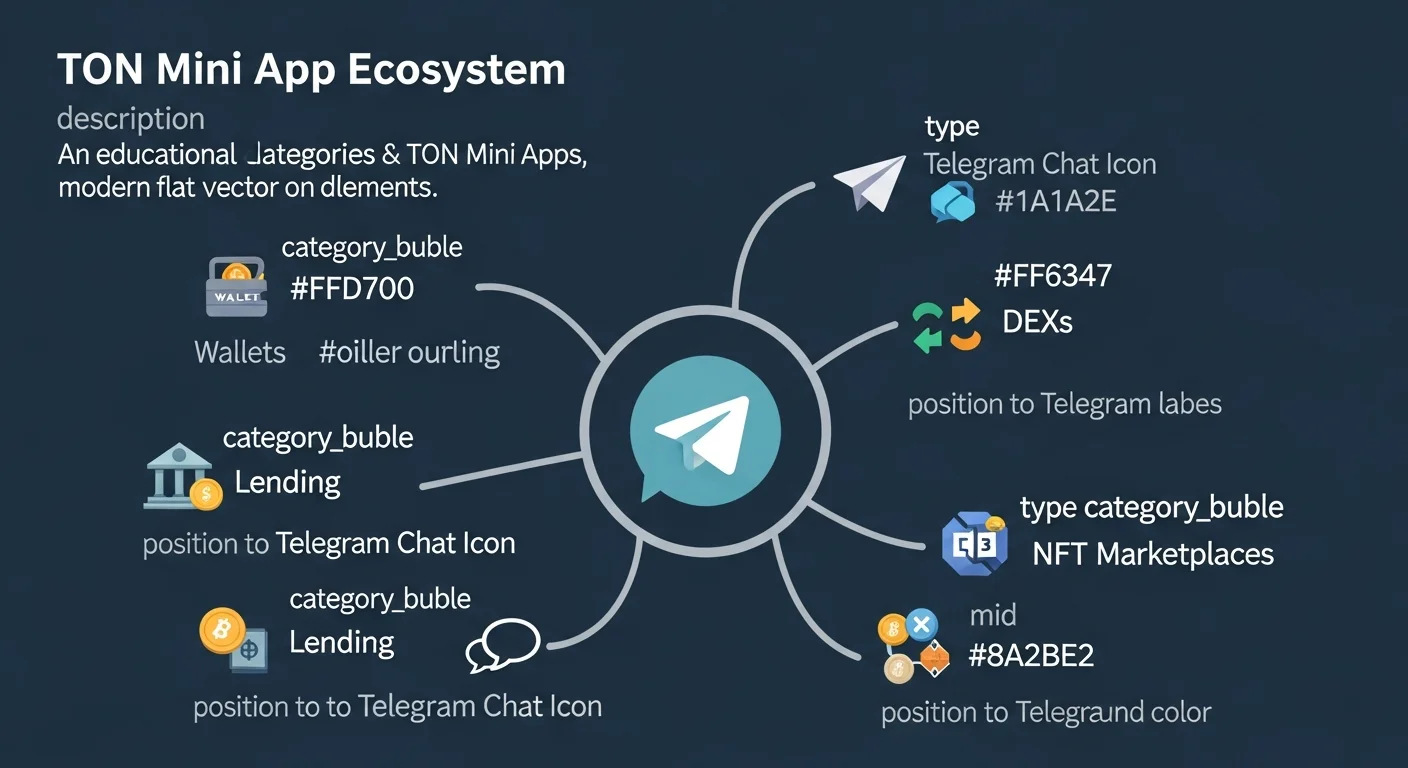 Diagramm der TON Mini App-Kategorien: Wallets, DEXs, Kreditvergabe, NFT-Marktplätze, Spiele, Creator-Tools