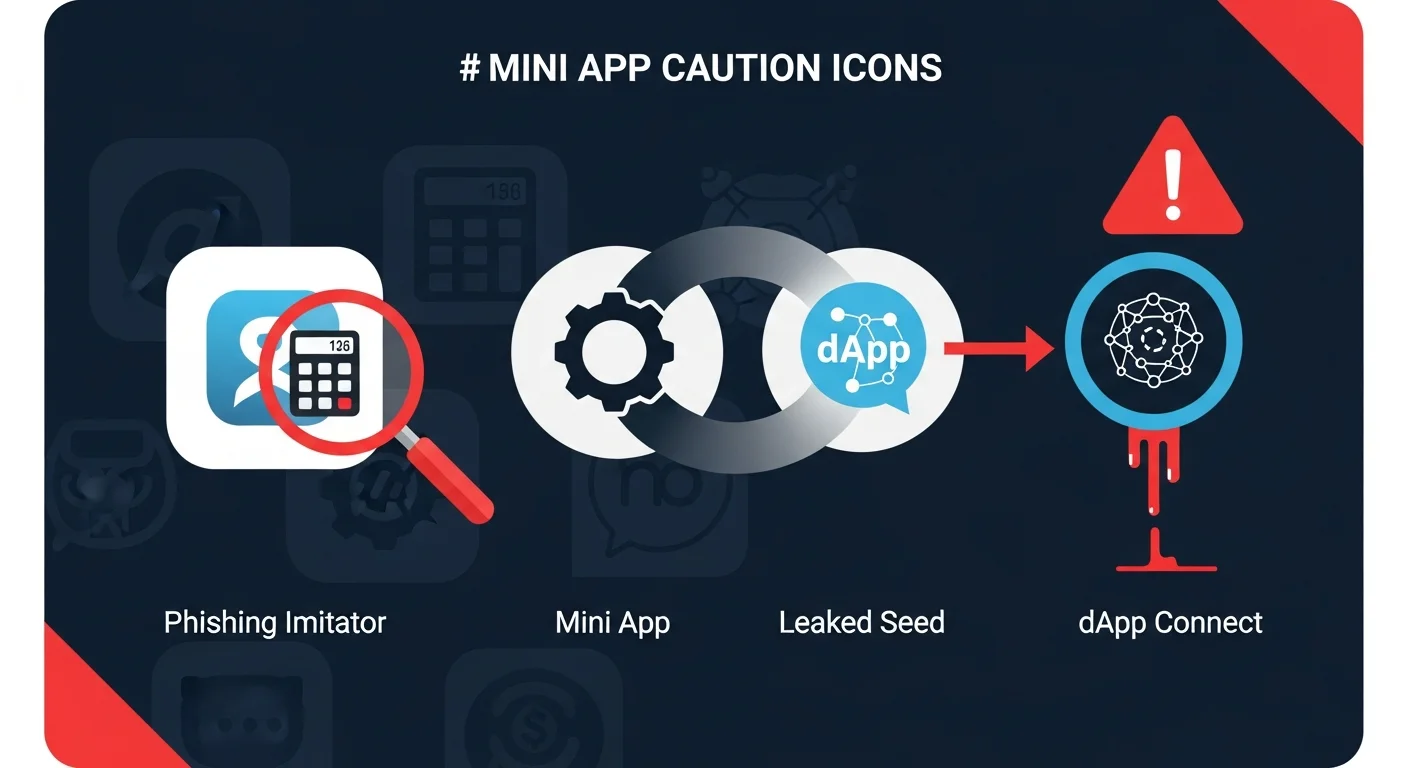 Vier-Panel-Illustration von Mini App-Vorsichtssymbolen: Phishing-Imitator, Drainer-Connect, Seed-Aufforderung, falsches Premium