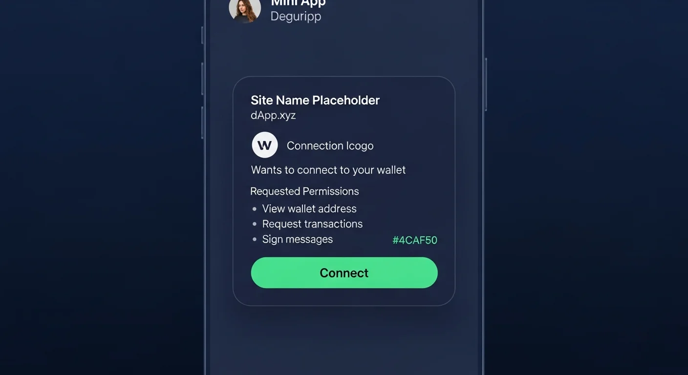 Mockup der Wallet-Connect-Aufforderung innerhalb einer Mini App mit Seitenname, Berechtigungsübersicht, Verbindungs- und Ablehnungsbuttons