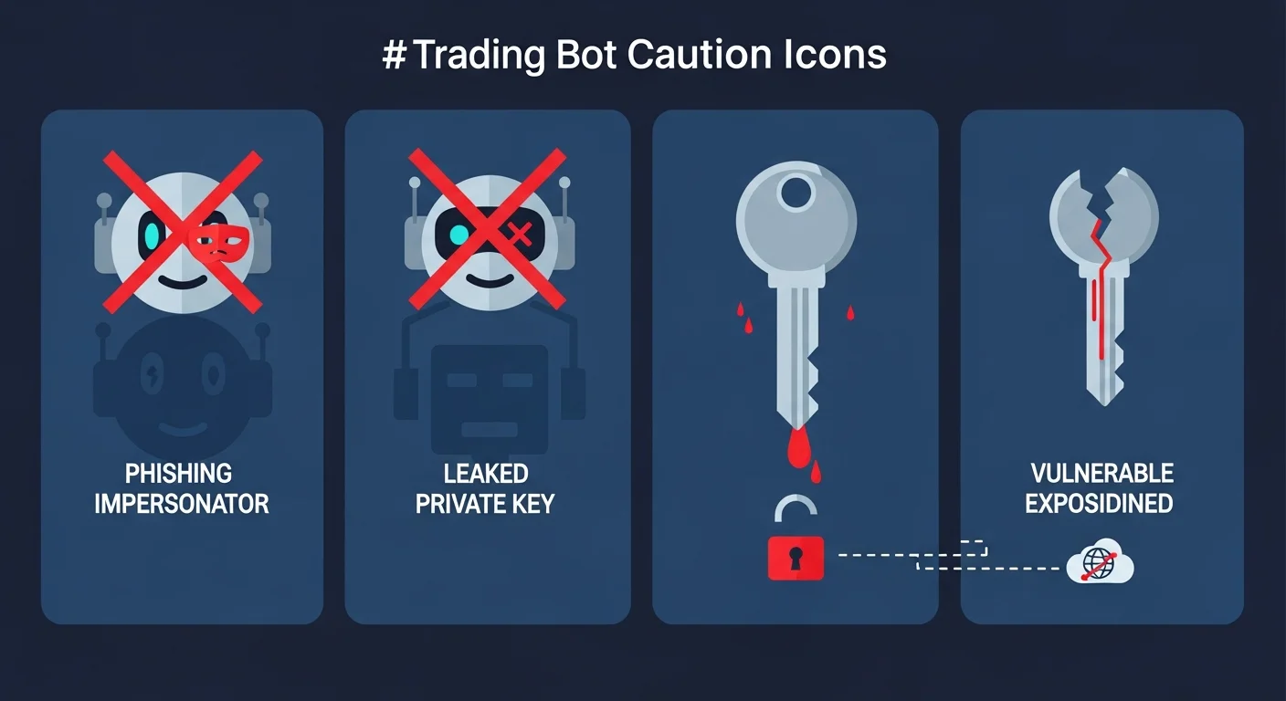 Vier-Panel-Illustration von Warnsymbolen für Trading Bots: Phishing-Imitator, geleakter Schlüssel, MEV-Sandwich, Slippage-Überlauf