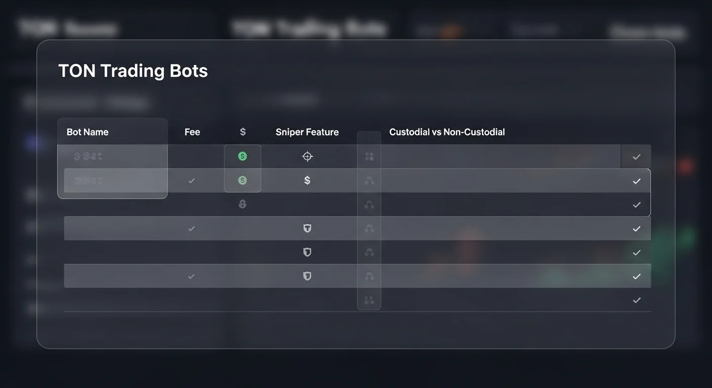 Mockup einer Vergleichstabelle mit Zeilen für TON Trading Bots und Spalten für Gebühren, Sniper-Funktion, Verwahrung, unterstützte DEXs
