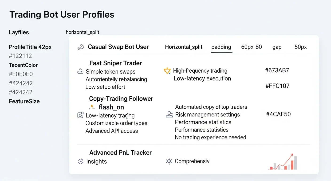 Infografik, die vier Benutzerprofile von Trading Bots mit Funktionshighlights für jedes zeigt
