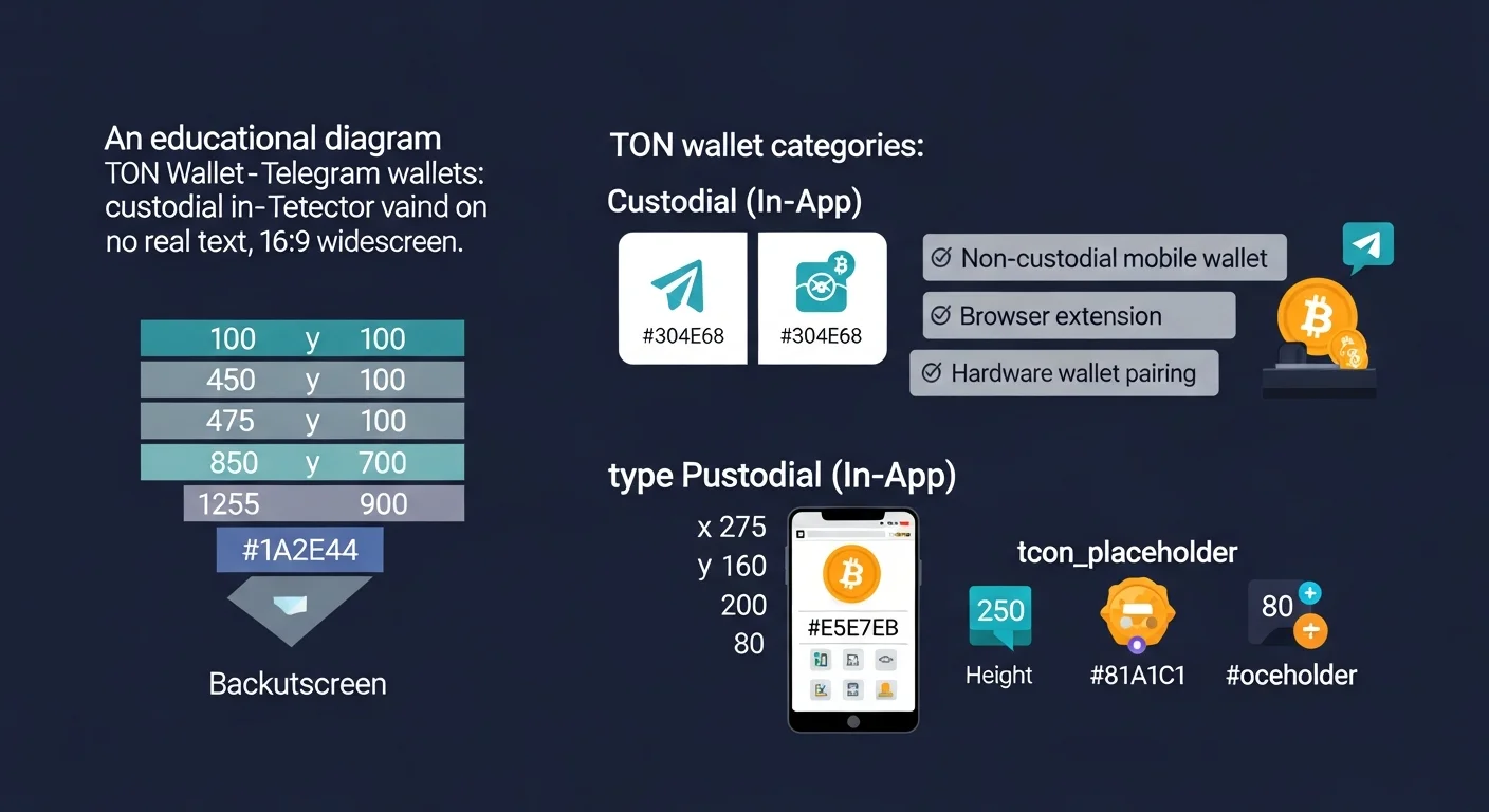 Diagrama de categorías de billeteras TON: custodial en Telegram, no custodial móvil, extensión de navegador, combinación de hardware