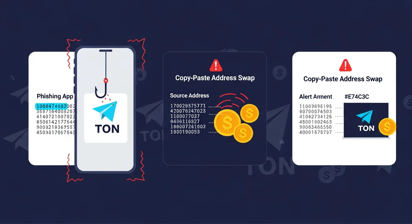 Ilustración de cuatro paneles de íconos de advertencia de billetera TON: aplicación de phishing, intercambio de copiar-pegar, frase semilla filtrada, deriva de aprobación de dApp