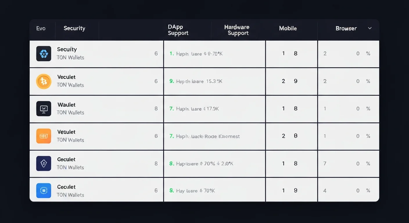 Maqueta de tabla de comparación con filas para varias billeteras TON y columnas para seguridad, soporte de dApp, hardware, móvil, navegador