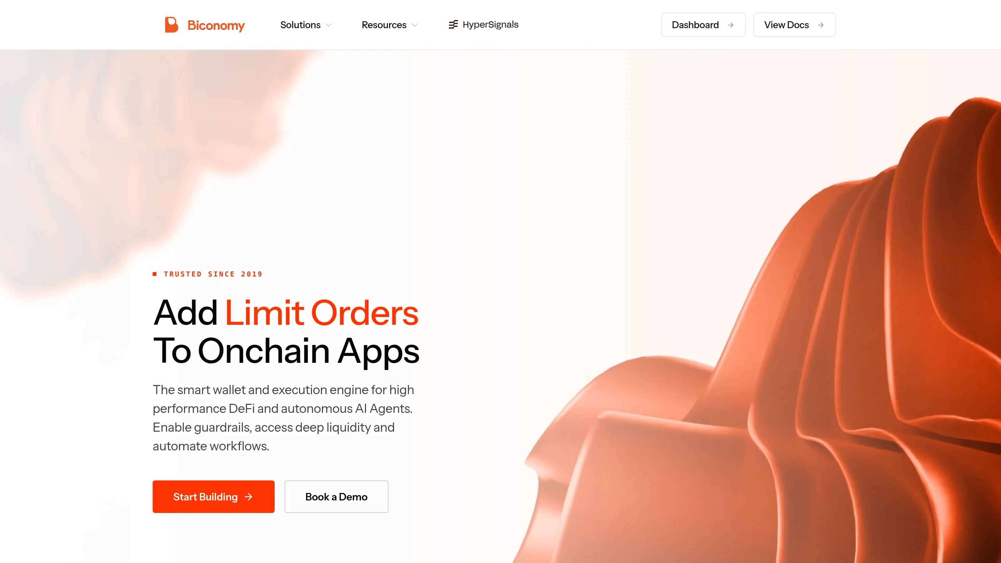Biconomy homepage showing account abstraction and multi-chain execution infrastructure.