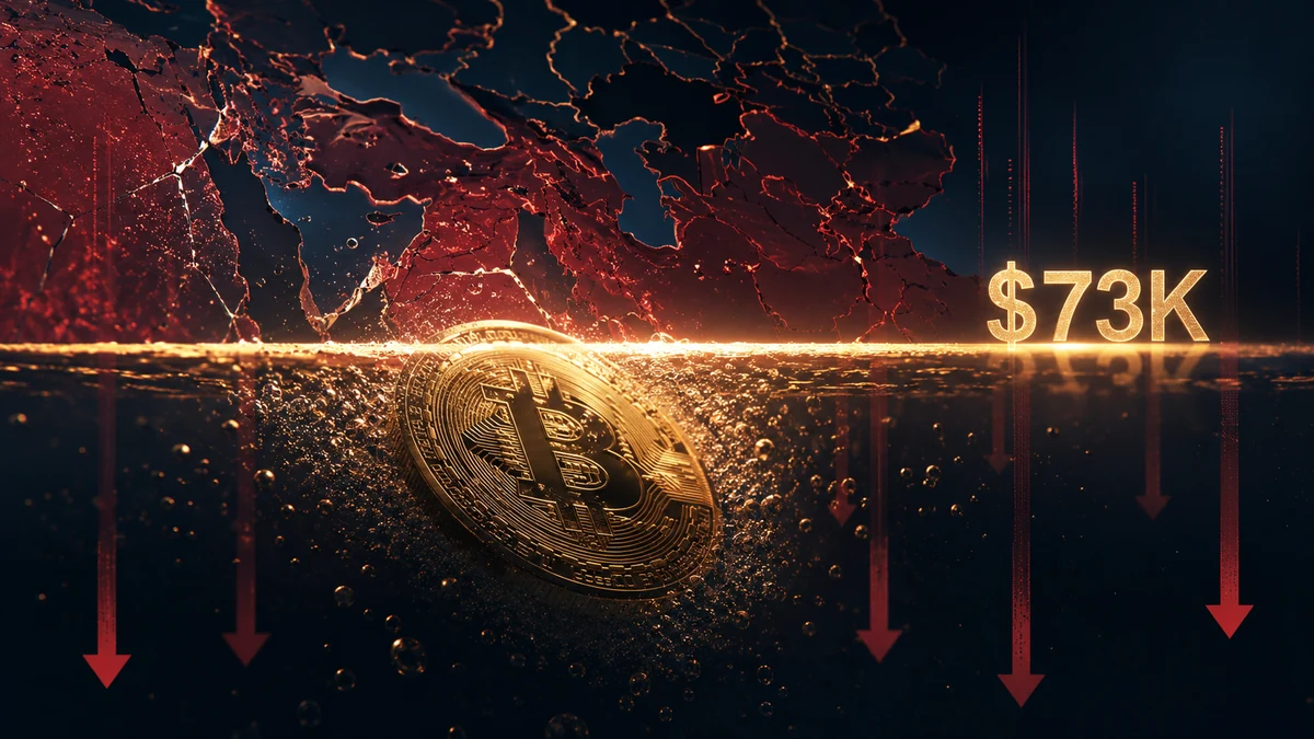 Gráfico de precios de Bitcoin cayendo por debajo de 73000 con velas rojas de liquidación y titulares de ataques a Irán en pantalla