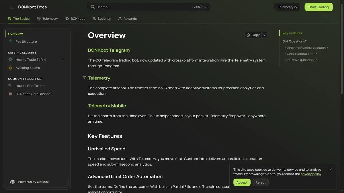 BONKbot documentation homepage showing setup and usage information