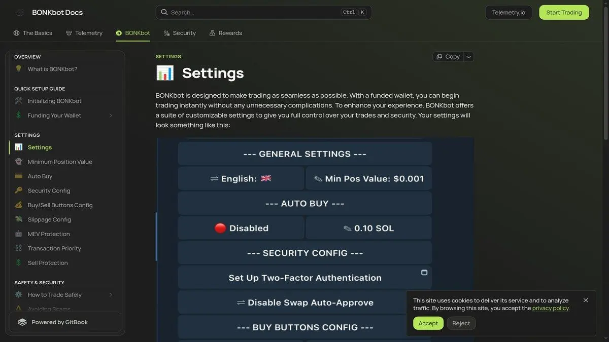 BONKbot settings documentation showing bot configuration and controls