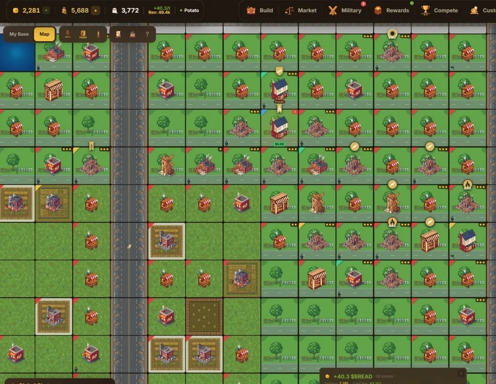 Bread Tycoon shared city map with players' competing bakeries on a grid of land plots.