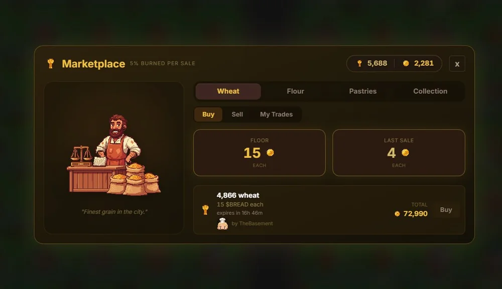 Bread Tycoon in-game Marketplace showing wheat priced in $BREAD with a 5 percent burn per sale.