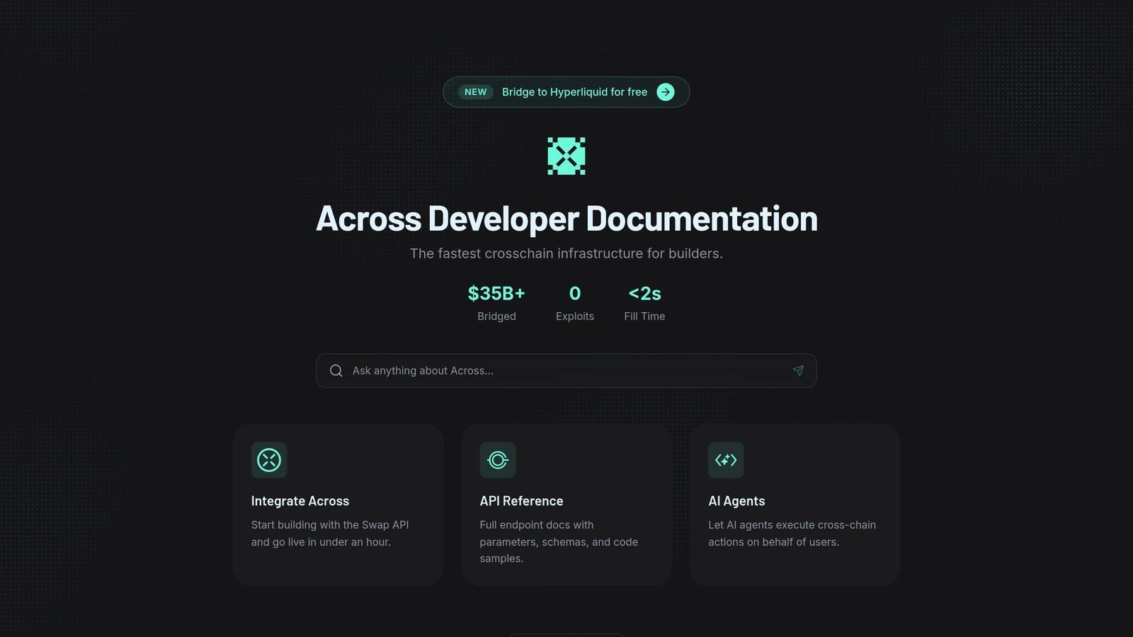 Across developer documentation screenshot showing fast cross-chain infrastructure and supported integration flows