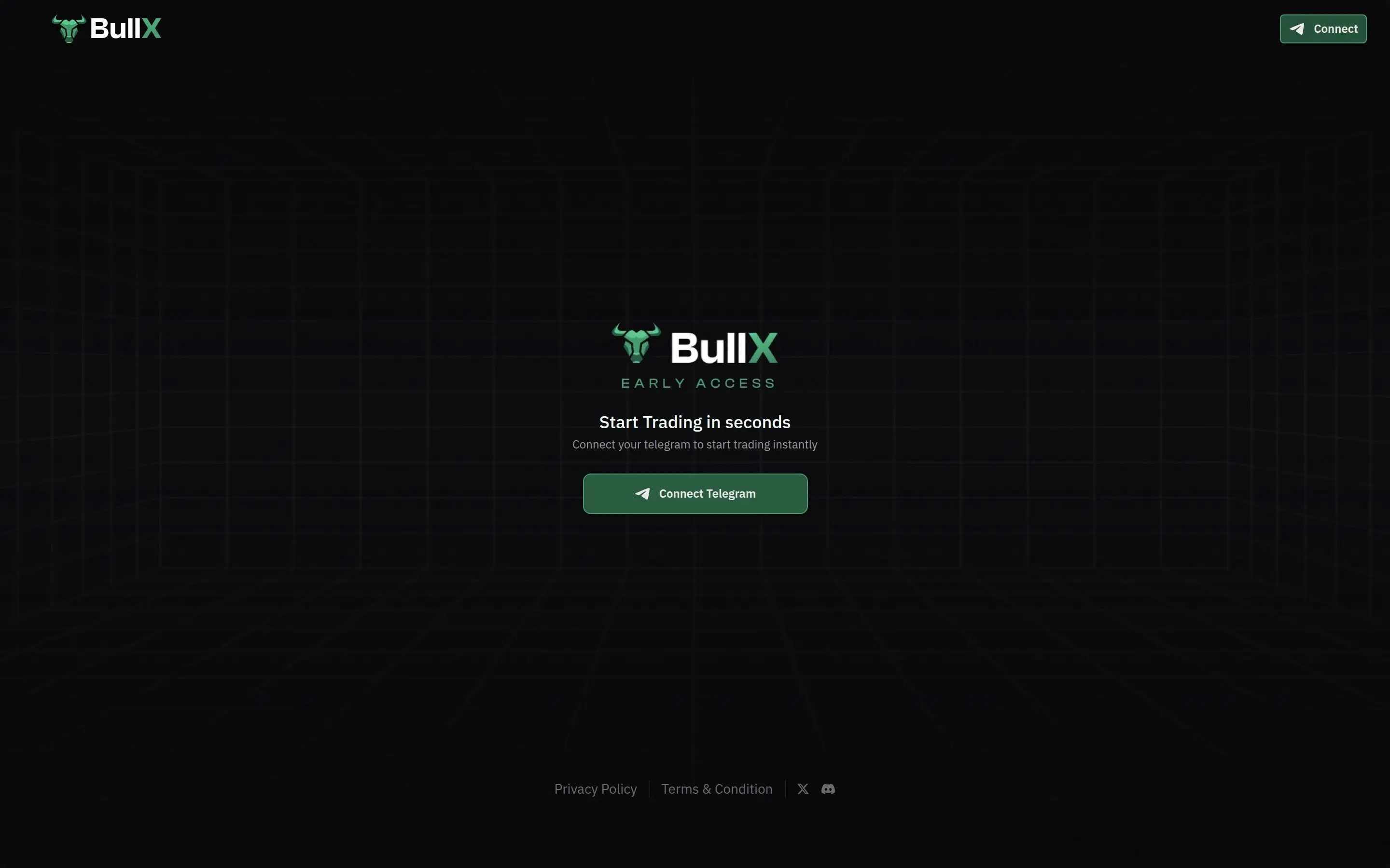 Page d'accueil du Terminal BullX montrant l'interface principale de trading