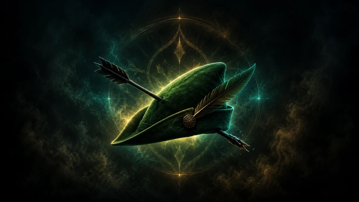 Emerald-green Robin Hood bycocket cap pinned with a broken black arrow, the cult emblem of the BYCOCKET token on Robinhood Chain