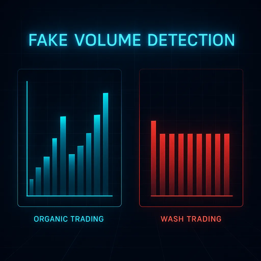 Real organic trading volume versus fake wash trading with identical repetitive patterns