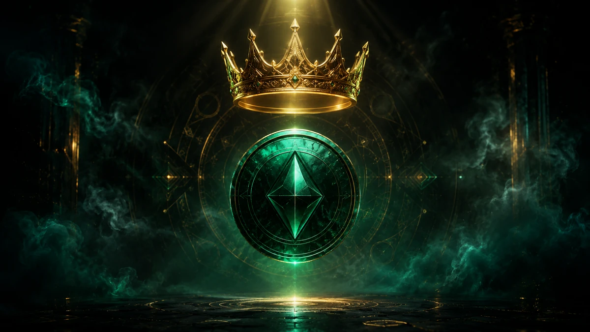 Golden crown floating above a glowing emerald coin with a cult sigil halo, representing CASHCAT as the king of Robinhood Chain by liquidity depth