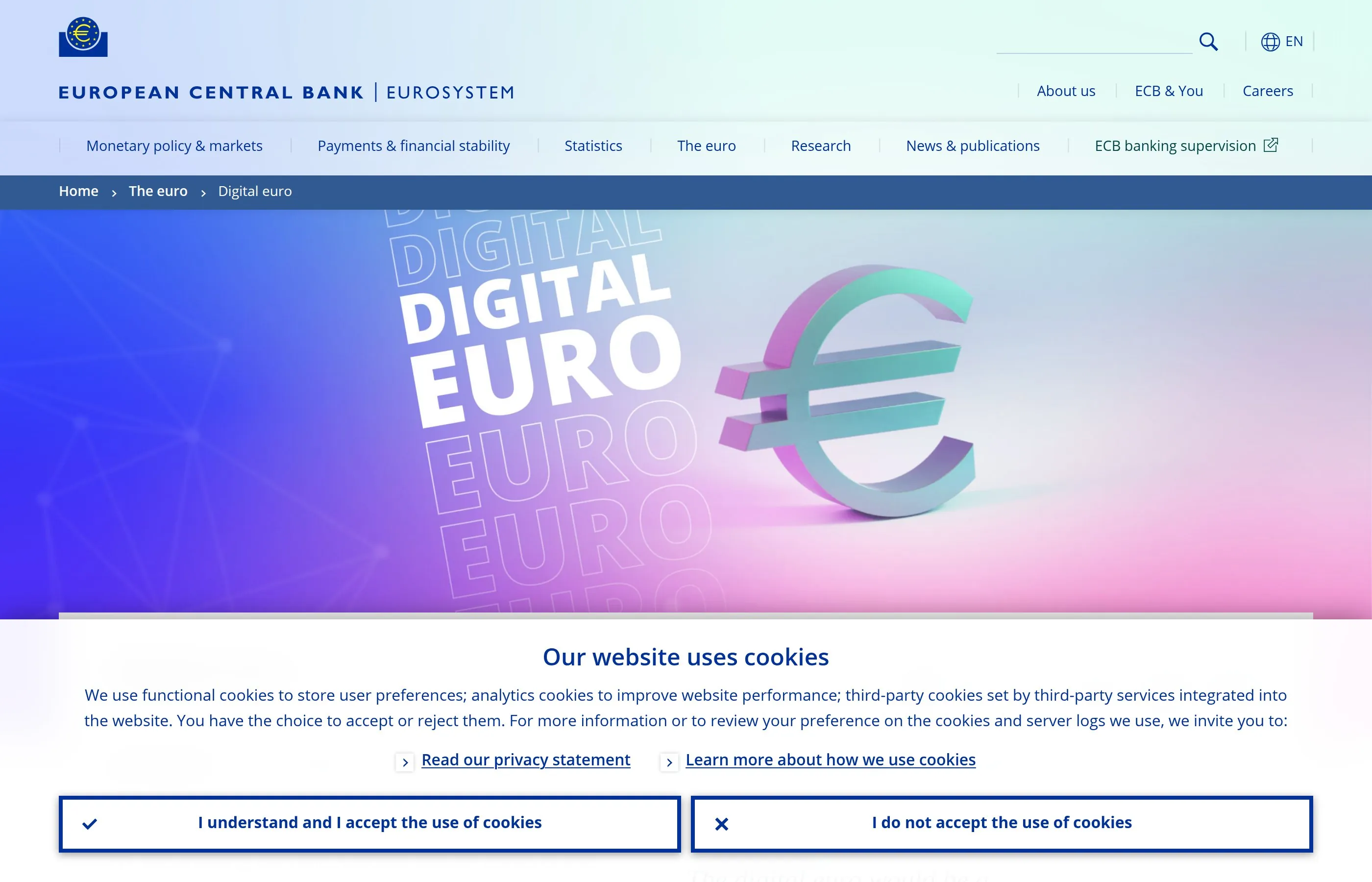 European Central Bank Digital Euro project page showing the development timeline