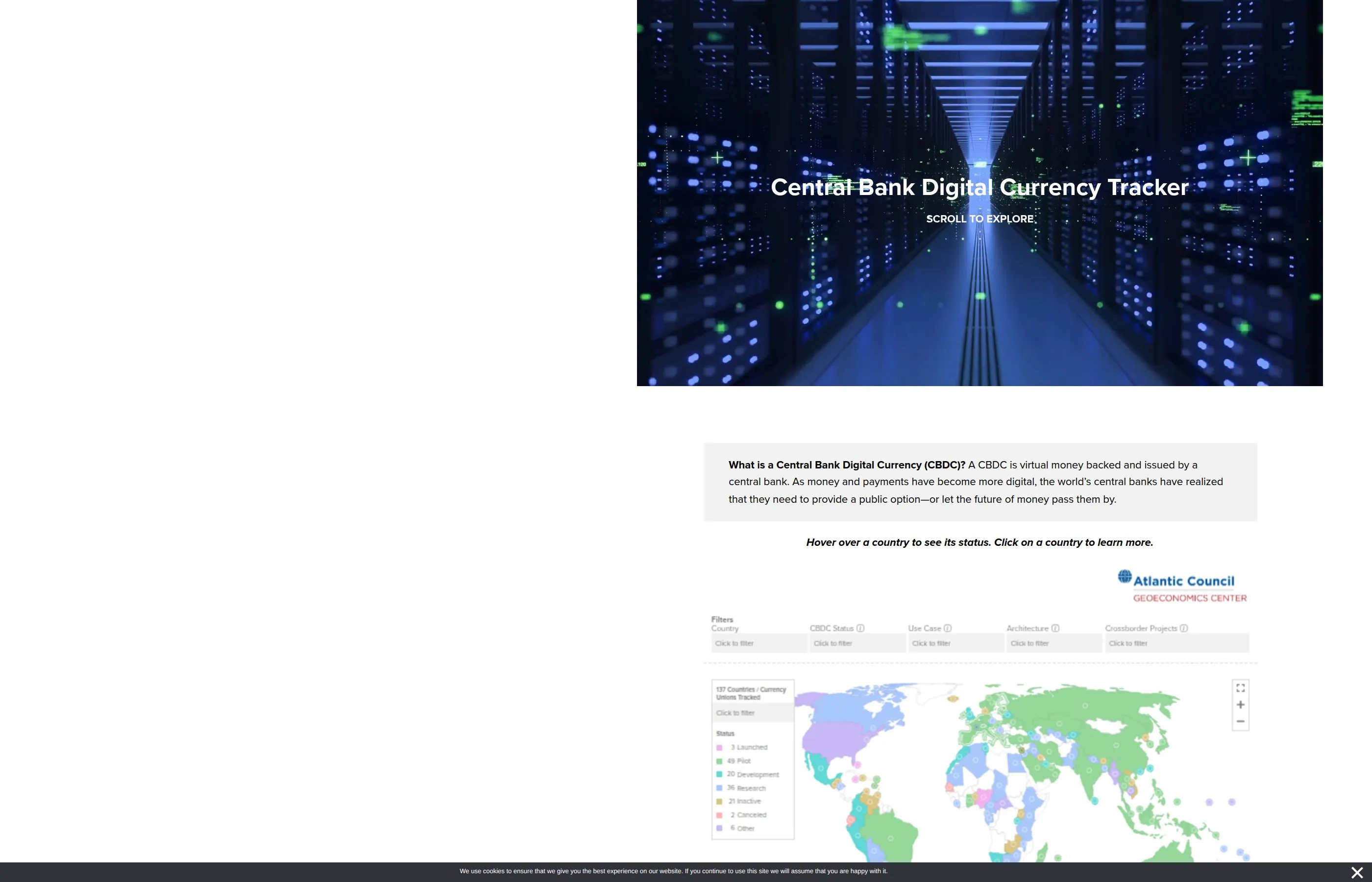 Atlantic Council CBDC Tracker showing global status of central bank digital currency projects across 137 countries