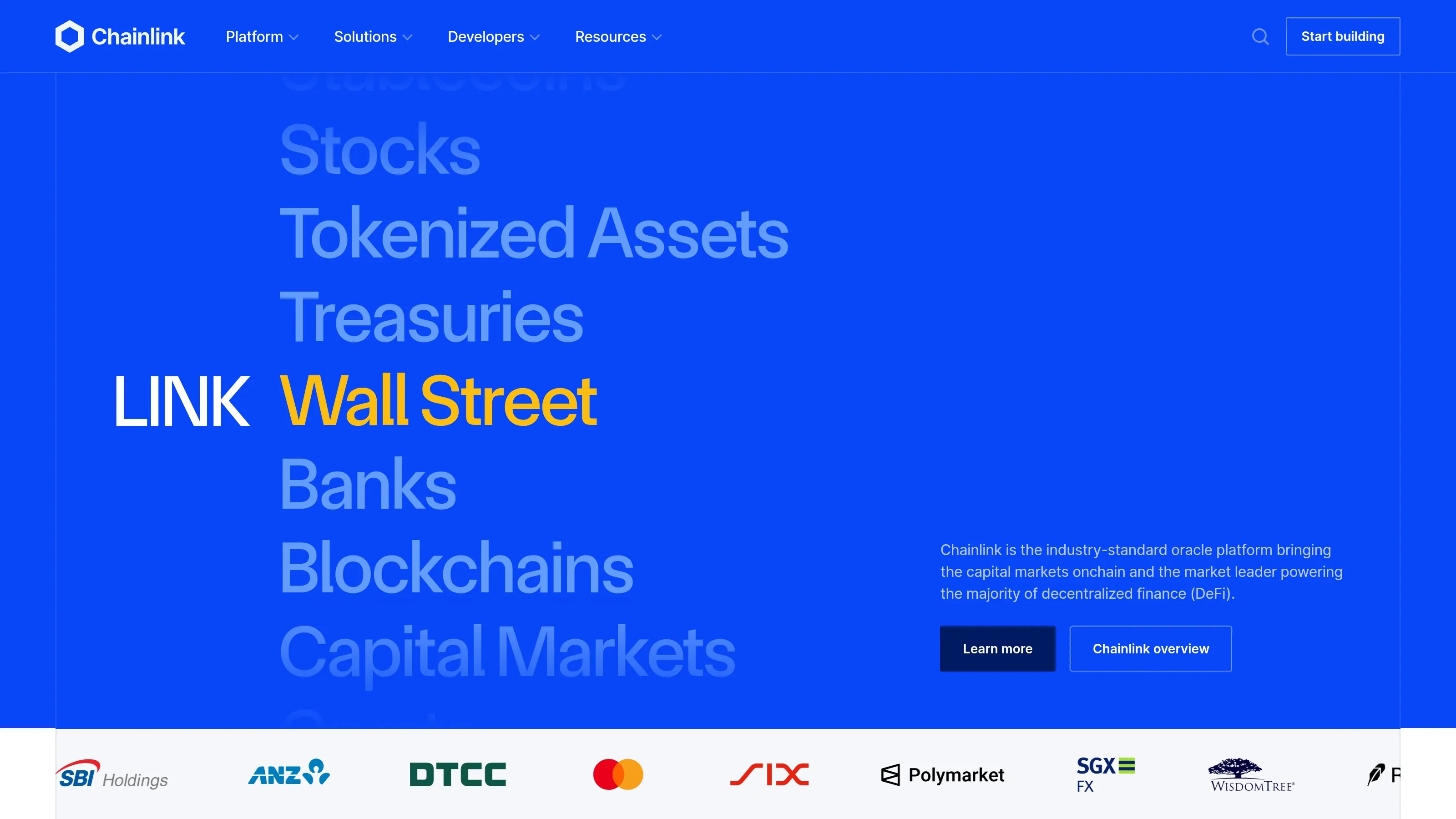 Chainlink homepage showing oracle infrastructure, data feeds and smart contract services.