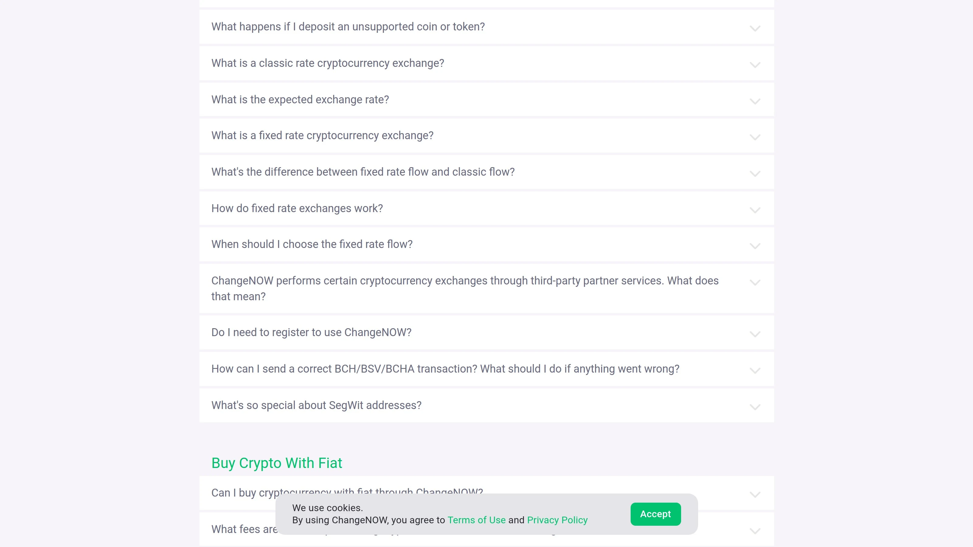 ChangeNOW-FAQ-Bereich, der die Nutzung ohne Konto und mögliche automatisierte Risikoprüfungen beschreibt