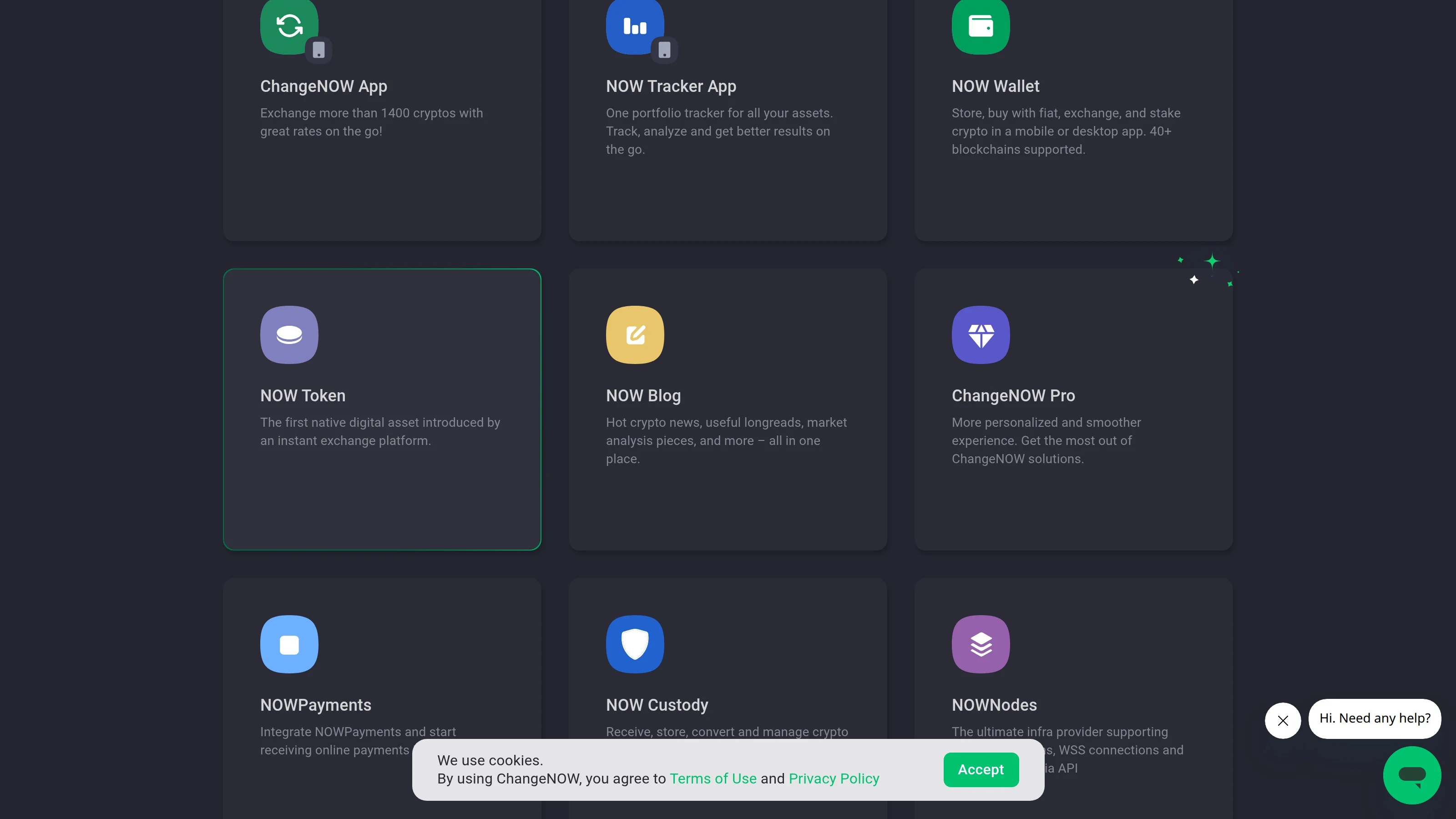 ChangeNOW-Homepage-Bereiche, die NOW Wallet, Fiat-Käufe und breitere Ökosystemfunktionen zeigen
