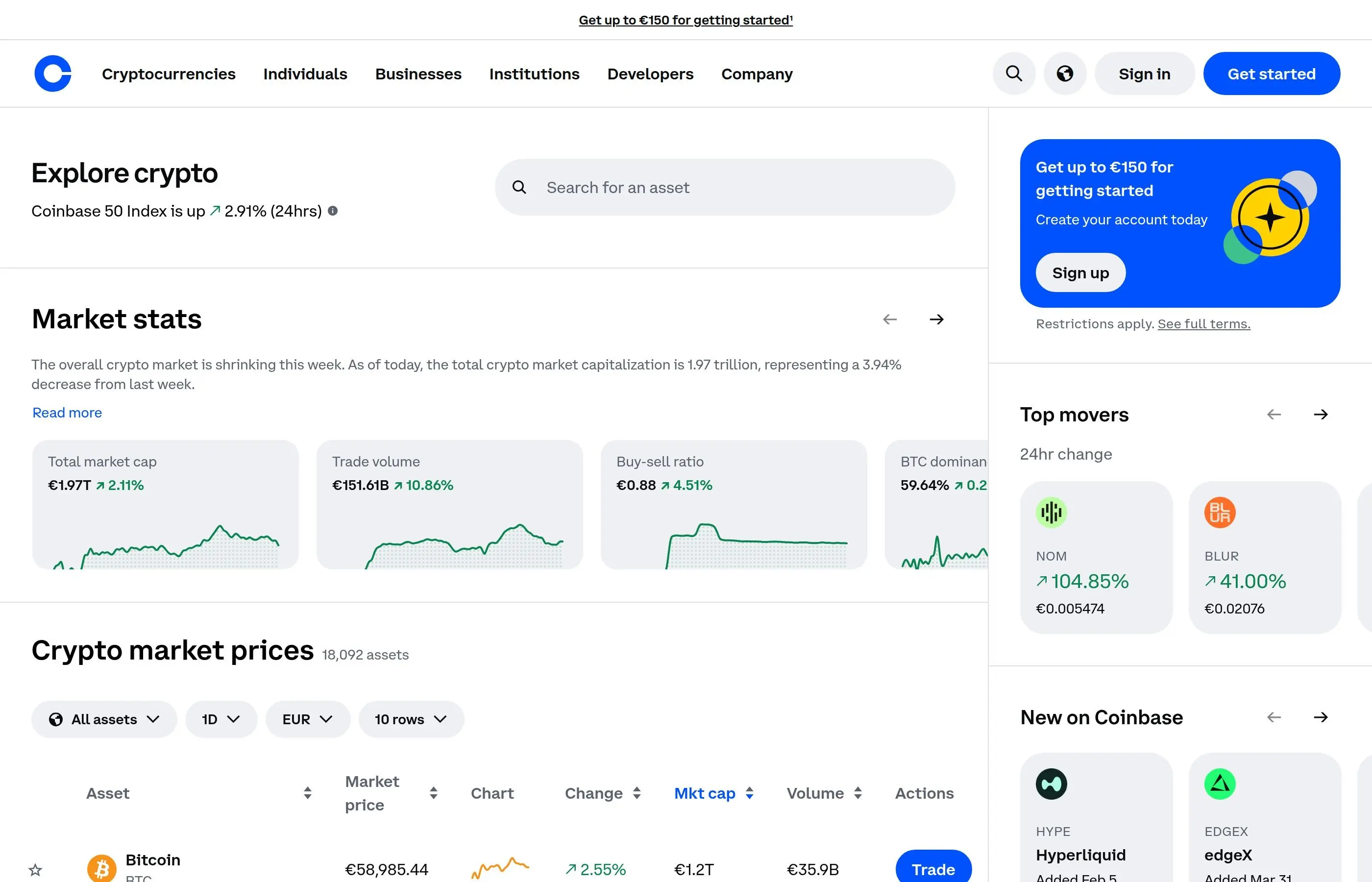 Página Explore da Coinbase mostrando as principais criptomoedas
