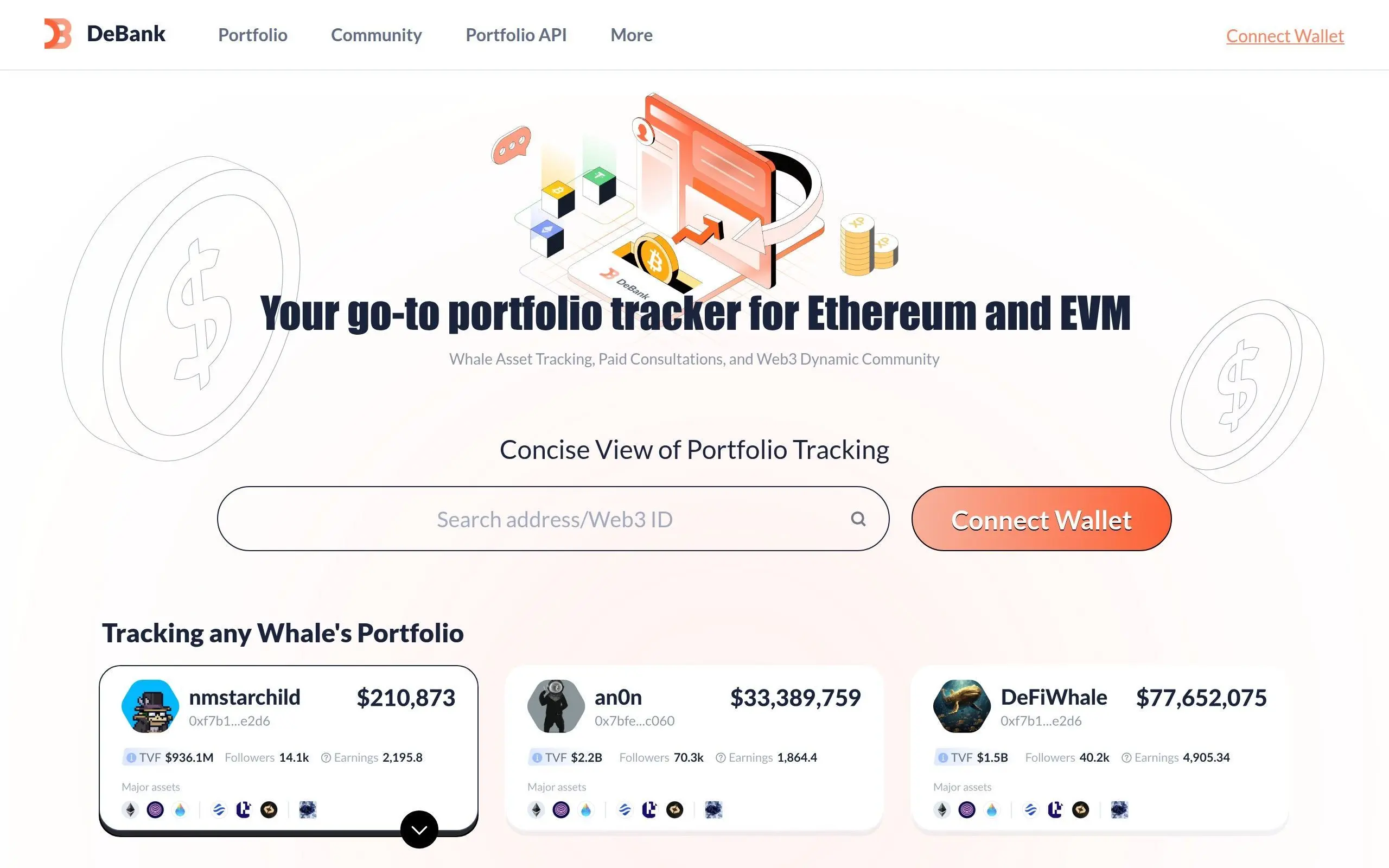 DeBank homepage showing Web3 portfolio tracker with whale tracking feature