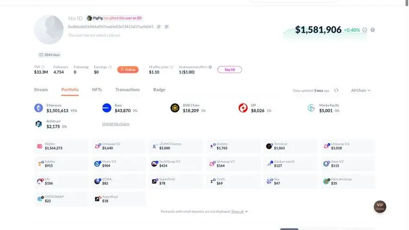 Captura de pantalla del perfil de DeBank para artículo de seguidores de wallet
