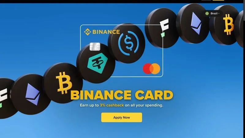 Binance Visa card page showing BNB cashback tiers and auto-convert feature