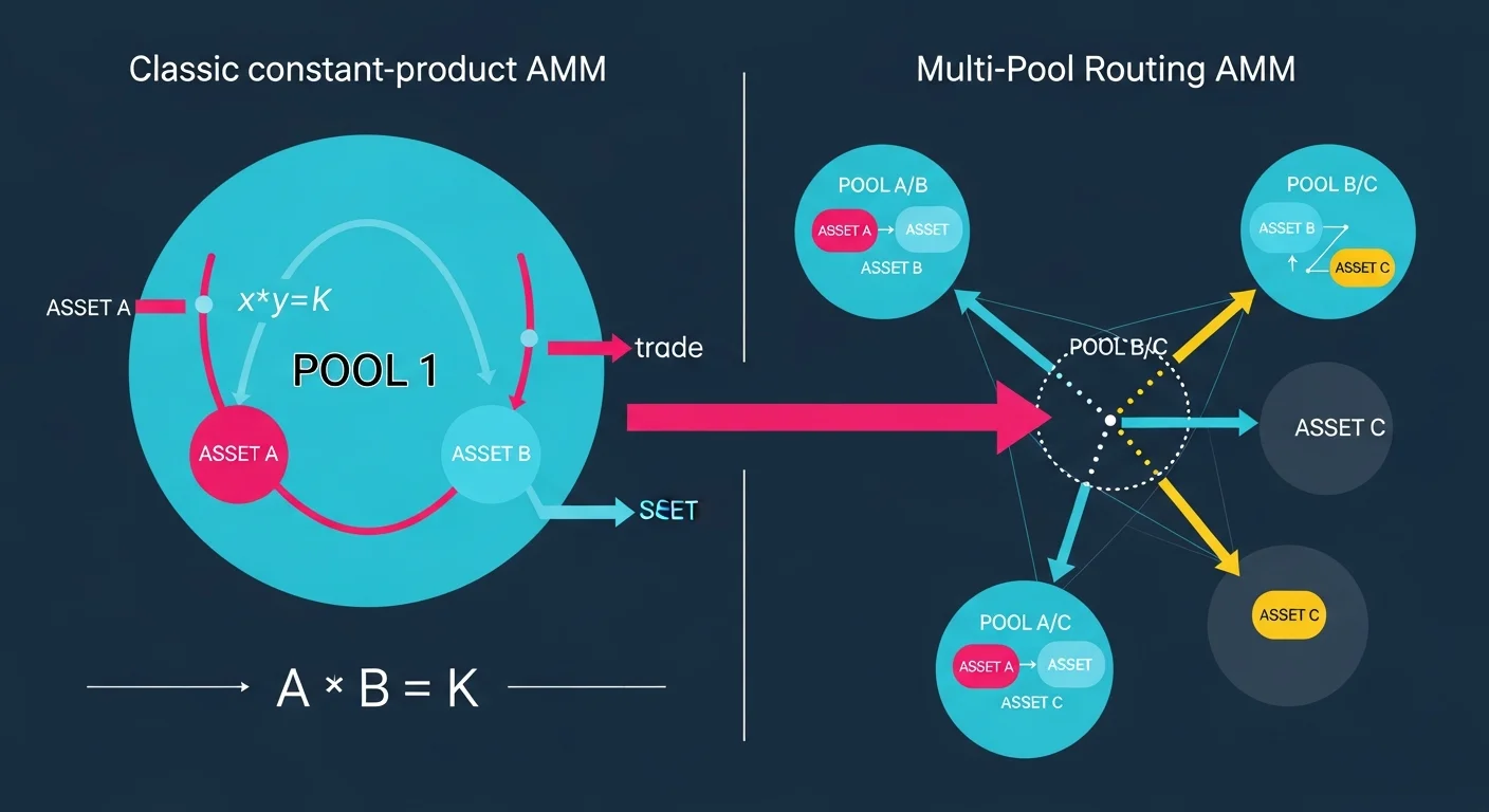 Diagramm, das zwei AMM-Modelle auf TON vergleicht: klassisches konstantes Produkt links, Multi-Pool-Routing rechts