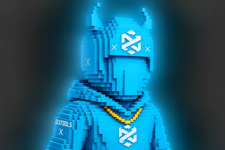 The DEXTools Bull mascot, a blue voxel character wearing a DEXTools hoodie and a gold chain, representing the $DEXBULL community token