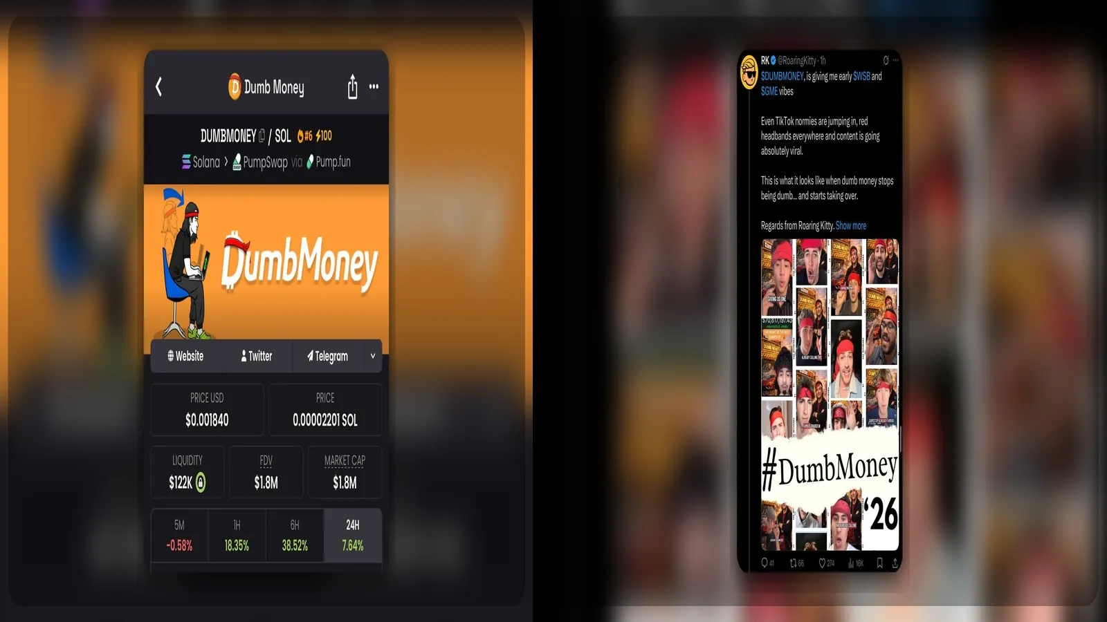 Collage, die die DUMBMONEY-Marktsicht neben einem Roaring Kitty-Tweet zeigt, der mit der Token-Erzählung verbunden ist