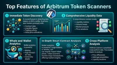 Arbitrum için en iyi token tarayıcılarını vurgulayan, Ethereum kullanıcıları için 2026'da özellikler ve faydaları gösteren infografik.
