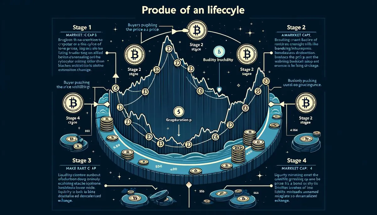 Pump.fun Token-Lebenszyklus: Erstellung auf der Bonding-Kurve, Käufer treiben den Preis nach oben, Graduierungsschwelle, Migration zu Raydium DEX