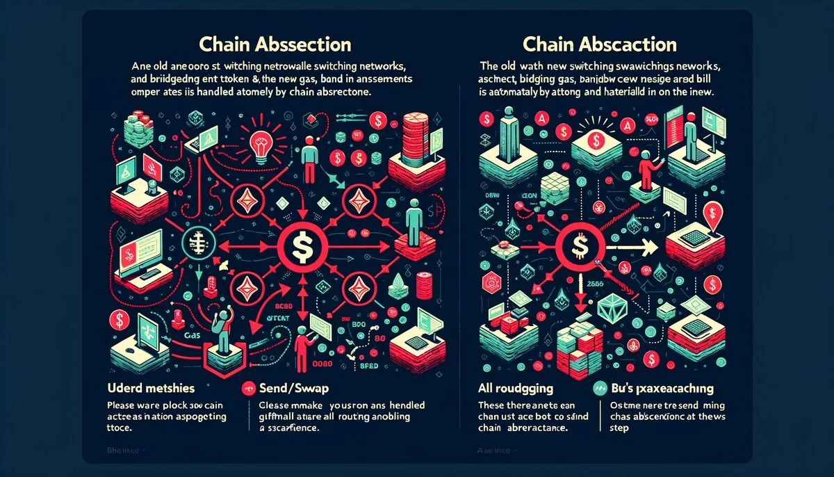 Chain abstraction before and after: complex manual bridging vs simple one-click experience with routing handled automatically