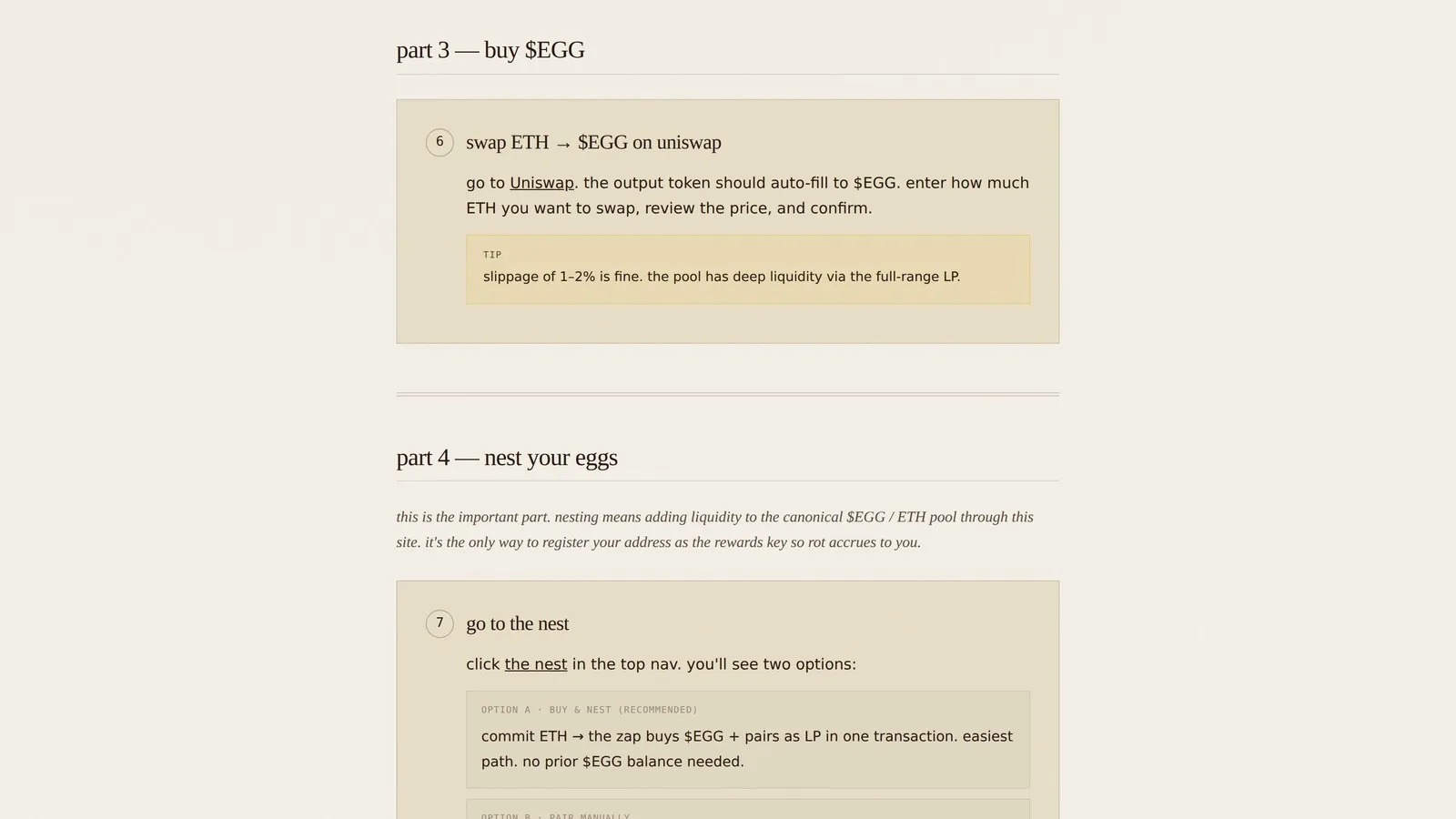 Real screenshot from the Henhouse how-to page showing the buy-and-nest and manual-pairing flow used to enter the canonical EGG/ETH liquidity position.