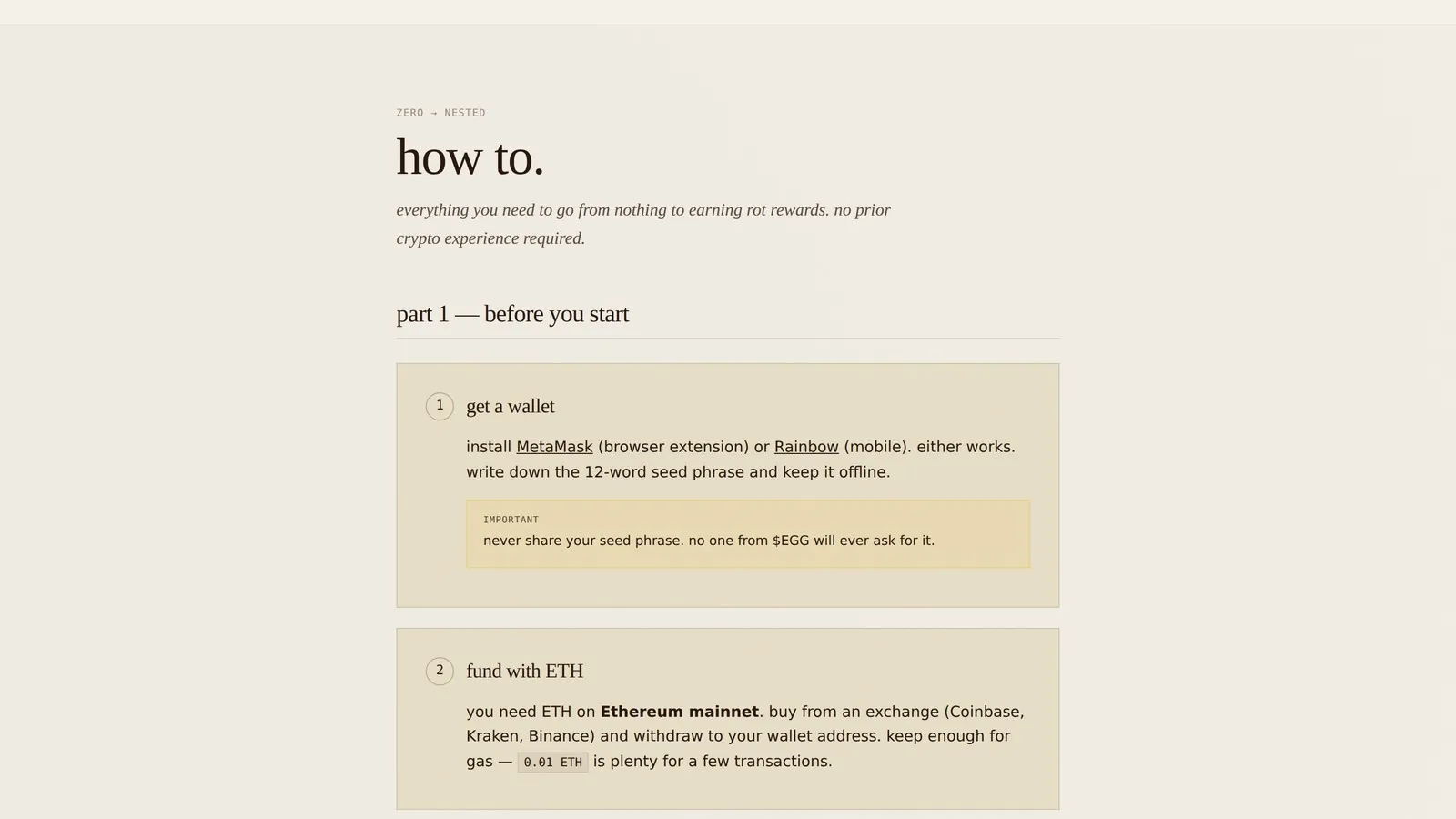Real screenshot from the Henhouse how-to page showing the wallet, ETH funding, and connect-wallet onboarding steps.
